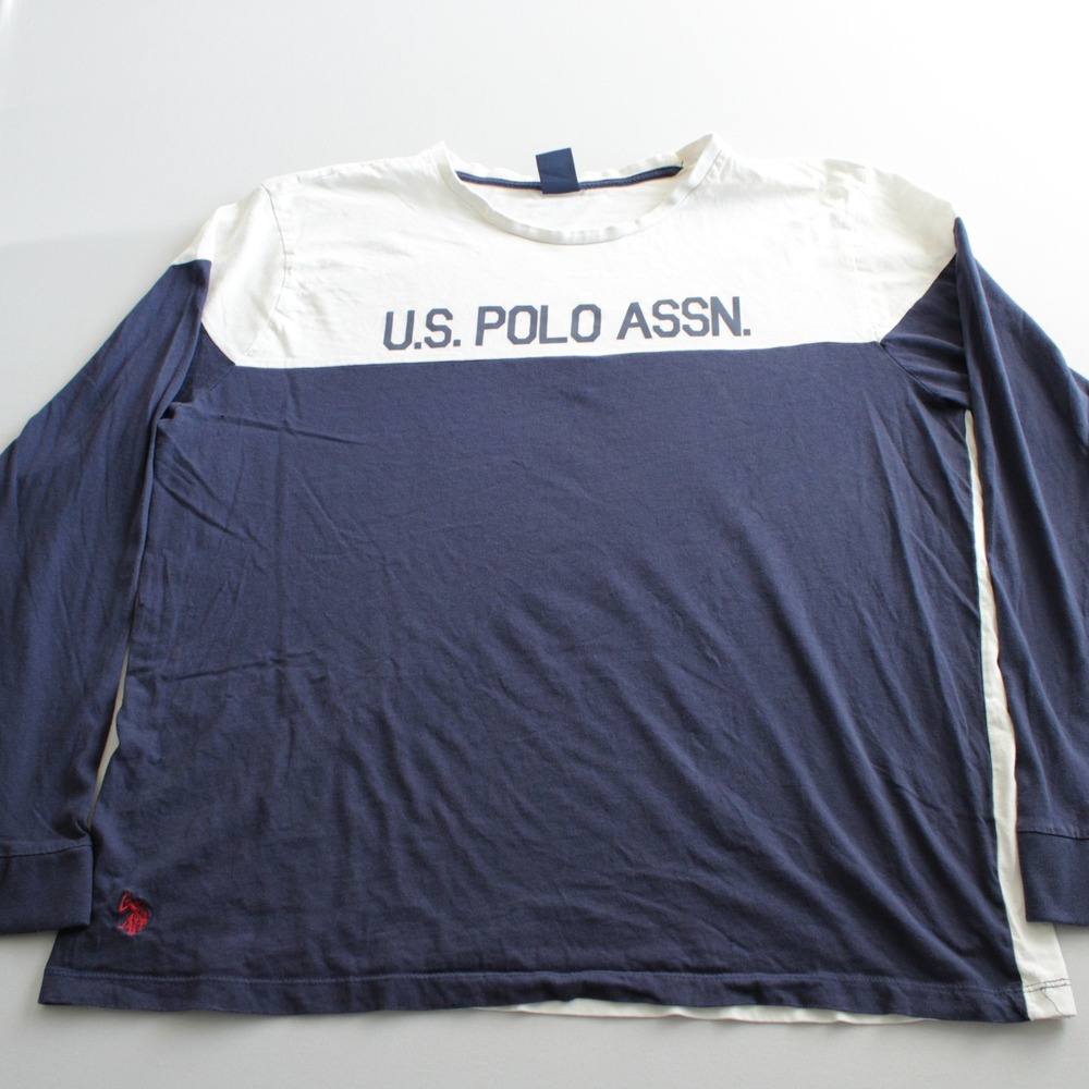 US Polo Assn Mens Long Sleeve T-Shirt Navy White Colorblock Spellout Graphic